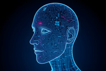 Futuristic digital illustration of a human head with circuit patterns, symbolizing artificial intelligence and technology integration.