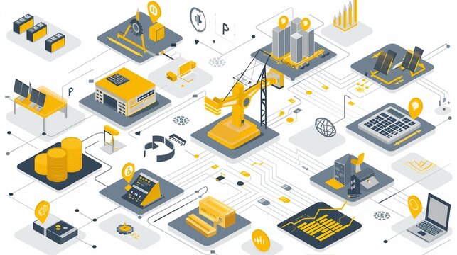 Graphic representation of SAP ERP modules surrounded by digital data streams and automation tools

