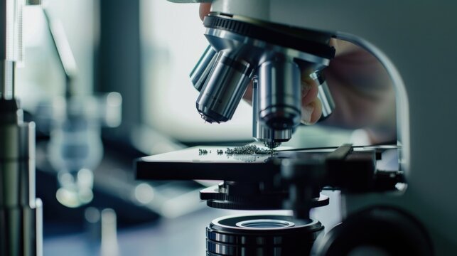 A close-up of a metallurgical engineer analyzing metal samples in a materials testing laboratory, with metallography equipment and microstructures visible, Materials testing lab scene