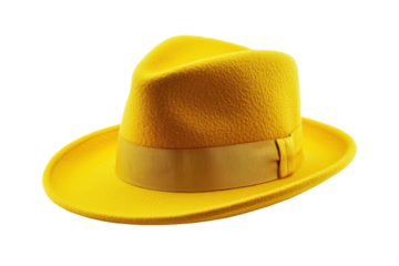 Bright yellow fedora displayed on a clean background, showcasing its stylish design and unique color for fashion enthusiasts