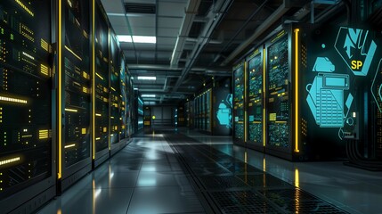 High-tech server room with holographic SAP icons overlaying server racks


