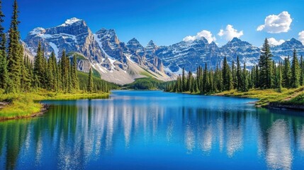 Serene mountain lake reflecting snow-capped peaks under a vibrant blue sky.