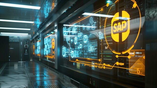High-tech server room with holographic SAP icons overlaying server racks


