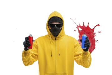 Artist with spray paint cans creates colorful street art