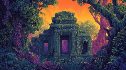 Fototapeta premium Ancient Temple Ruins Overgrown by Lush Tropical Jungle