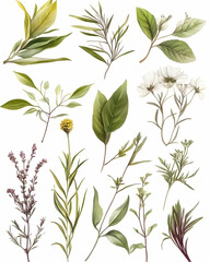 Fototapeta premium Botanical illustration of various herbs and flowers, isolated on white background, suitable for design projects