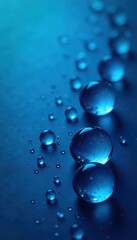 Several glistening water drops against a deep blue backdrop, clear, minimalist