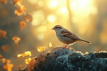Sparrow perched, autumn leaves, golden sunset.