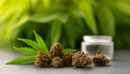 Cannabis buds and leaves on grey surface, clear jar in background, green foliage blurred, for medical or recreational use