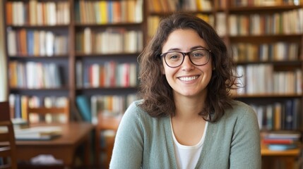 Smiling Librarian in Glasses Surrounded by Bookshelves