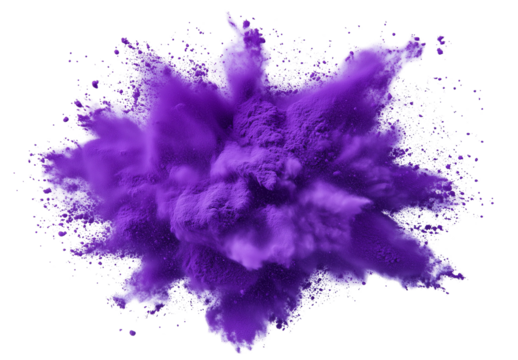 Bright purple paint powder explosion isolated on white and transparent background