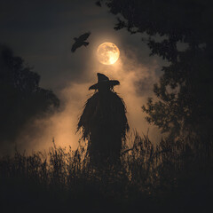 Silhouette of a scarecrow under a full moon in a misty field at night, a bird flying overhead.