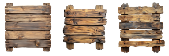 Set of A Wooden sign, front view, isolated on Transparent PNG format Background. 