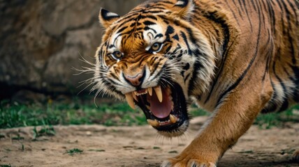 Fototapeta premium The majestic Siberian tiger, a powerful predator with a thick black-striped fur coat, gazes intently from its enclosure in the zoo