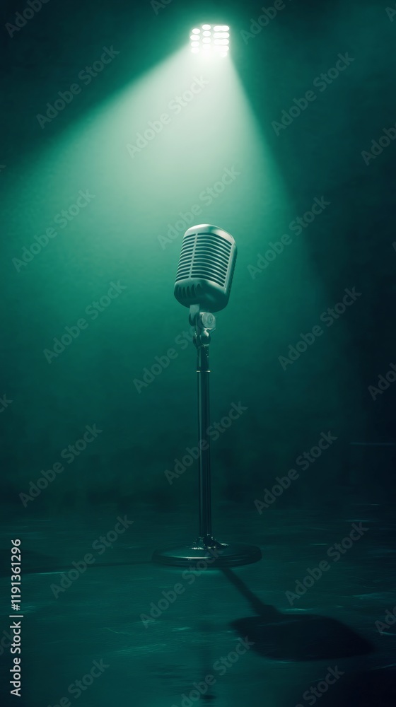 Poster vintage microphone stands on a stage, illuminated by a spotlight in a smoky atmosphere, creating an 