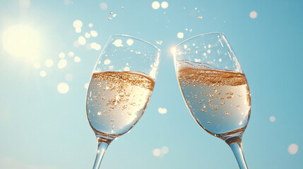 Two champagne glasses toasting with sparkling bubbles in sunlight