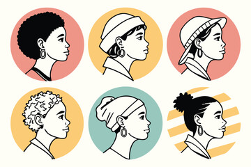 Minimalist avatar icons, diverse hairstyles, flat design, pastel color circles, simple face silhouettes, gender-neutral portraits, clean vector graphics, social media profile pictures, user interface 