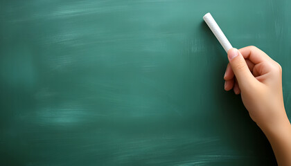 A mature hand writing or drawing on a clean green blackboard with a white chalk