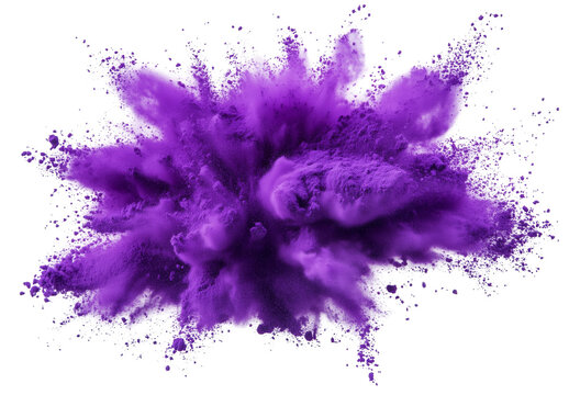 Bright purple powder burst explosion isolated on white and transparent background