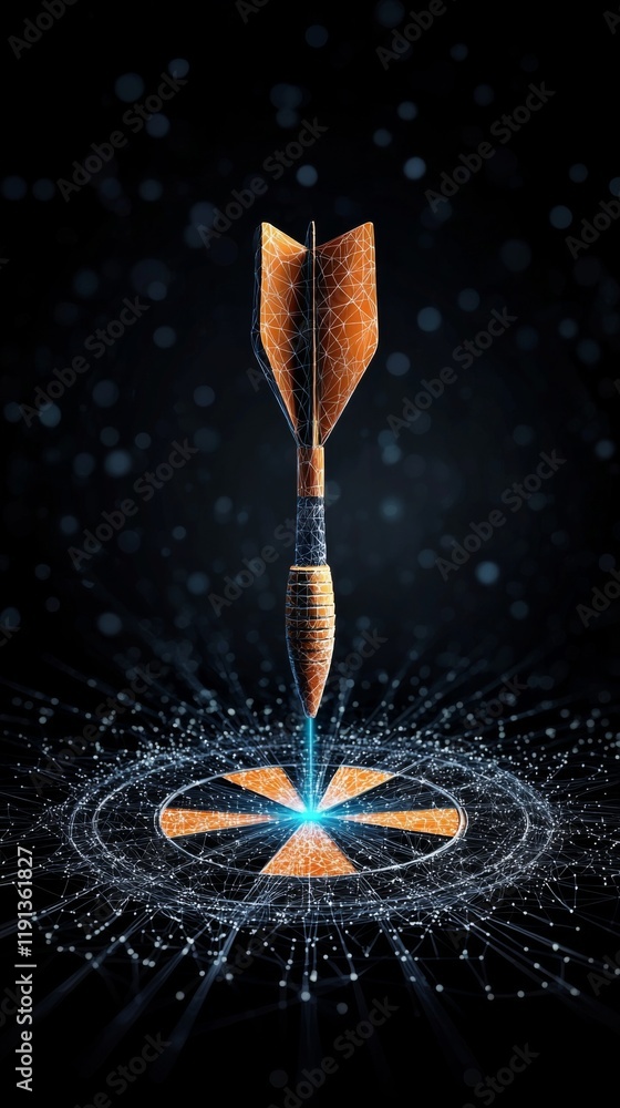 Poster dart striking a target in a futuristic digital environment emphasizing precision and focus