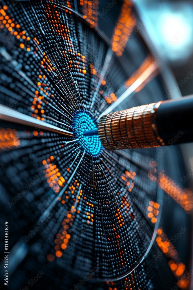 Poster precision dart striking a vibrant target at a competitive event in a well-lit venue