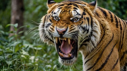 Fototapeta premium A close-up portrait of a majestic Bengal tiger with piercing yellow eyes, showcasing its powerful features and intricate black stripes against a blurred background