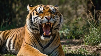 Obraz premium The majestic Bengal tiger, a powerful predator with striking stripes, roams freely through the lush green jungle