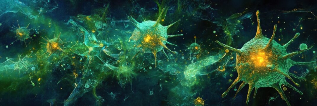 Viruses invading host cells and causing infection in a microscopic environment. Generative AI