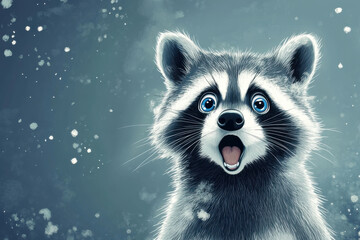 Surprised raccoon with wide blue eyes and open mouth, expressing astonishment and curiosity through illustration