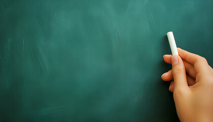 A mature hand writing or drawing on a clean green blackboard with a white chalk
