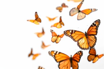 Orange butterflies flying against white background