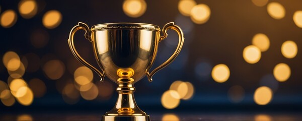 Achievement success in education awards concept. Golden trophy cup winner on bokeh background