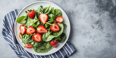 Strawberries and dressing salad in white modern plate, striped blue linen napkin. Fresh organic strawberry salad with spinach, white goat feta cheese. Green healthy fruit mix. Top view, flat lay.