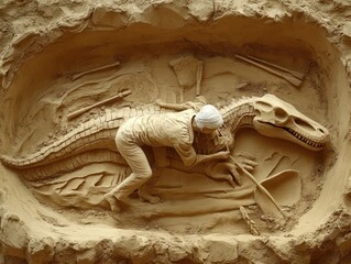 Sand sculptor creating dinosaur fossil excavation scene