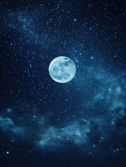 Fototapeta premium Starry night with bright full moon illuminating constellations and twinkling stars over the serene landscape. Generative AI