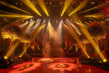Red Theater Stage with Dramatic Lighting and Velvet Curtains, Elegant Performance Venue Setup with Spotlight and Theatrical Atmosphere