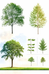 Obraz premium Diverse Trees Collection Spring foliage, isolated on white background, ideal for landscape design or environmental projects