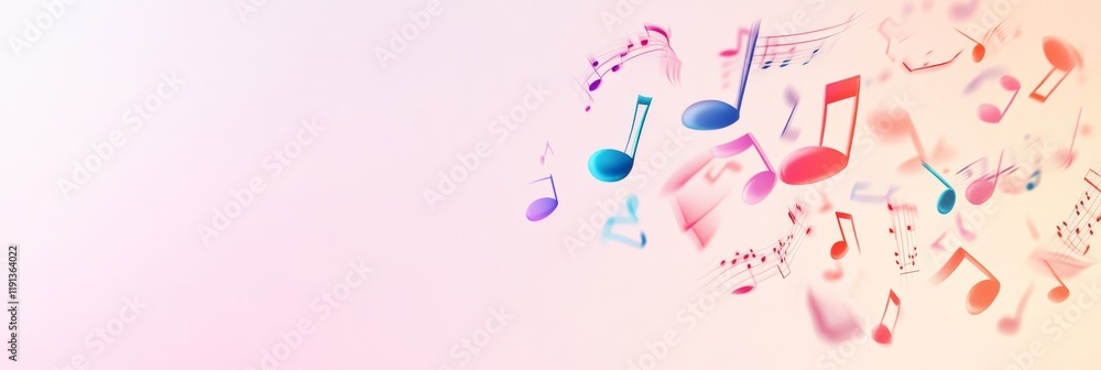 Poster colorful music notes of different sizes are floating and swirling on a pastel background, creating a