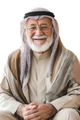 A happy elderly Middle Eastern man in his 80s, sitting and smiling, wearing traditional clothing, isolated on transparent background, PNG file