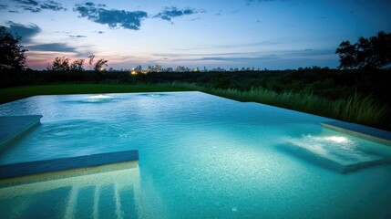 Obraz premium Serene Infinity Pool at Dusk Overlooking a City Skyline for Luxury Travel Promotions