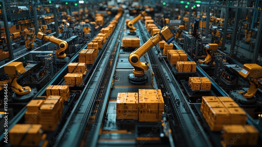 Poster automated factory production line: high-tech robotic assembly and packaging