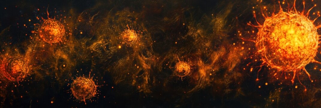 Viruses invading human cells in a dynamic representation of cellular interaction and viral behavior. Generative AI