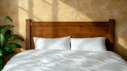 Sunlit Bedroom with Wooden Headboard and Crisp White Bedding