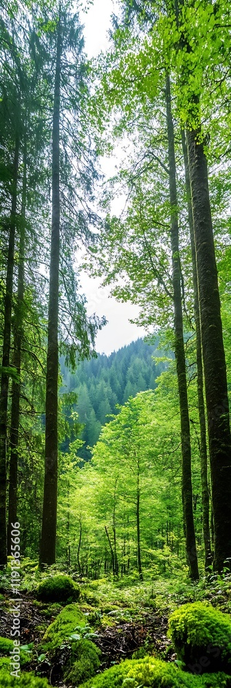 Poster majestic green forest with tall trees and sunlight filtering through : generative ai