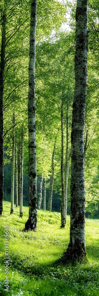 Poster lush green forest with tall birch trees and sunlight filtering through leaves : generative ai