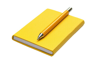 Bright yellow notebook and pen resting on a white surface for creative writing and note-taking