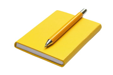 Bright yellow notebook and pen resting on a white surface for creative writing and note-taking