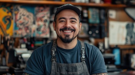 Fototapeta premium Smiling Tattoo Artist in Work Attire with Designs Behind