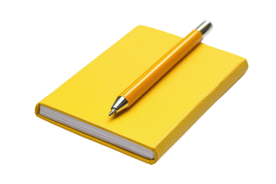 Bright yellow notebook and pen resting on a white surface for creative writing and note-taking