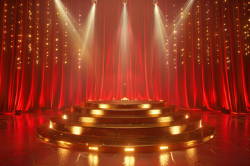 Red Theater Stage with Dramatic Lighting and Velvet Curtains, Elegant Performance Venue Setup with Spotlight and Theatrical Atmosphere